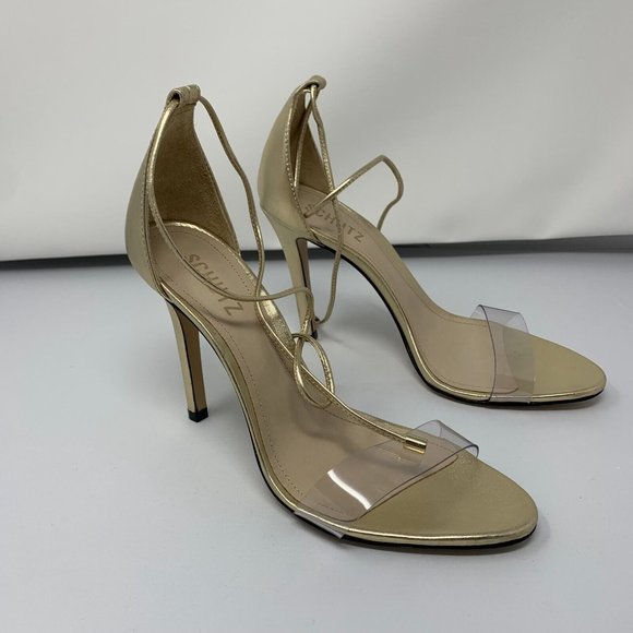 Schutz JOSSEANA Sandal Womens 8.5B Gold Vinyl/Metallic/Platina Strap Ankle S0419 - Picture 1 of 10